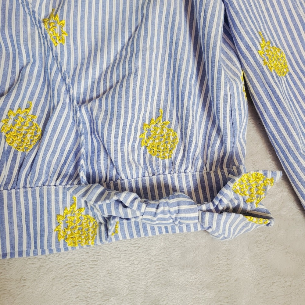 J Crew Striped Wrap Front Top Embroidered Pineapples L 100% Cotton - Picture 4 of 8